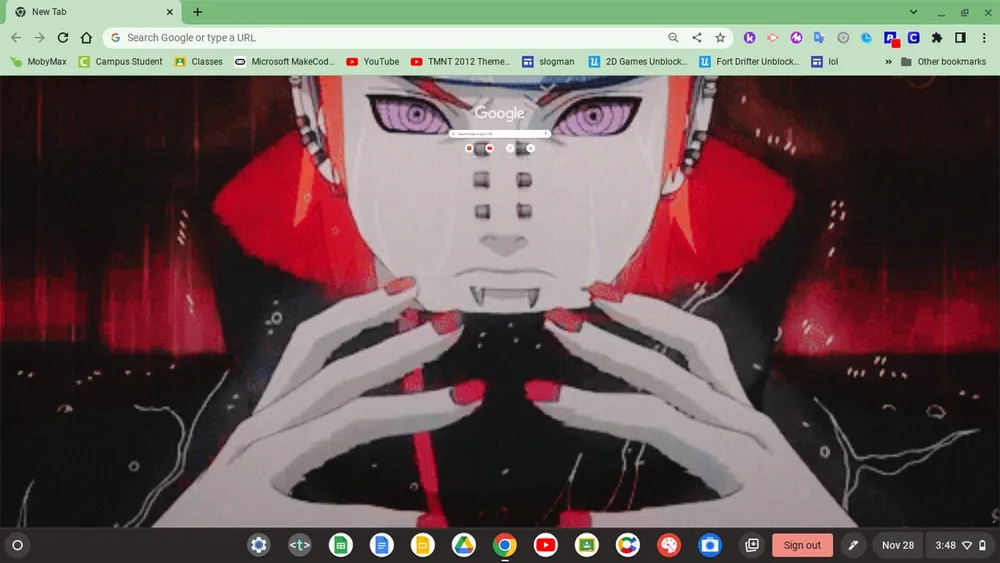 The image depicts a stylized animated character with purple eyes and red markings on the face set against a dark backdrop with red accents as a Google Chrome browsers new tab page background