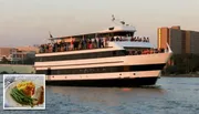 A large passenger boat filled with people is cruising near the shore, with an inset image showing a plate of food featuring green beans, rice, and fish.