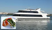 The image displays a large, white luxury yacht named StarLite Sapphire cruising on calm blue waters, with seafront buildings in the background.