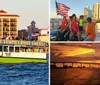 A colorful tour boat named THE TROPICS BOAT TOURS is cruising near the shore with passengers on board and American flags flying in the background