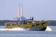 A large yellow boat with dolphin graphics is speeding through the water with passengers on board, with a bridge in the distant background.