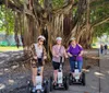 Three people are smiling for the camera while standing on Segways in front of an impressive banyan tree with aerial roots on a sunny day with a clear blue sky