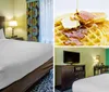 The image shows a neatly made bed in a well-lit hotel room with patterned curtains patterned carpet and bedside tables with lamps