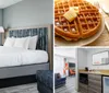 This image shows a modern hotel room featuring a neatly made bed with a wooden headboard a patterned curtain a sitting area with an orange chair and a flat-screen TV on a dark wooden console