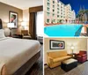 A sunny day at a hotels outdoor swimming pool area with loungers and palm trees