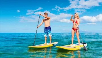 Two people are stand-up paddleboarding on a calm blue ocean under a clear sky.
