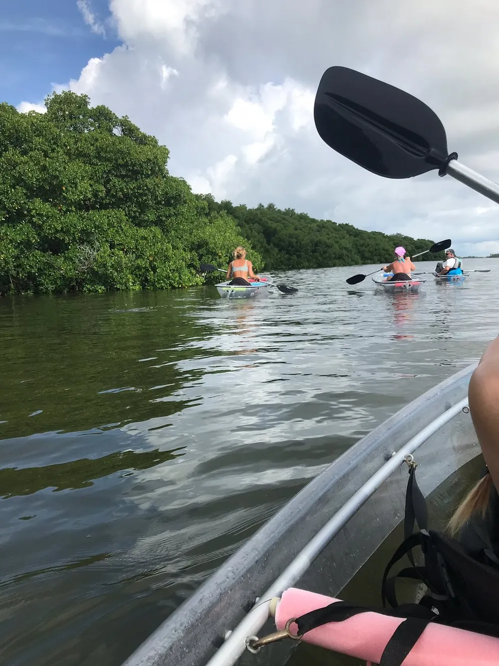 A group of people are kayaking on a calm river flanked by lush greenery under a cloudy sky