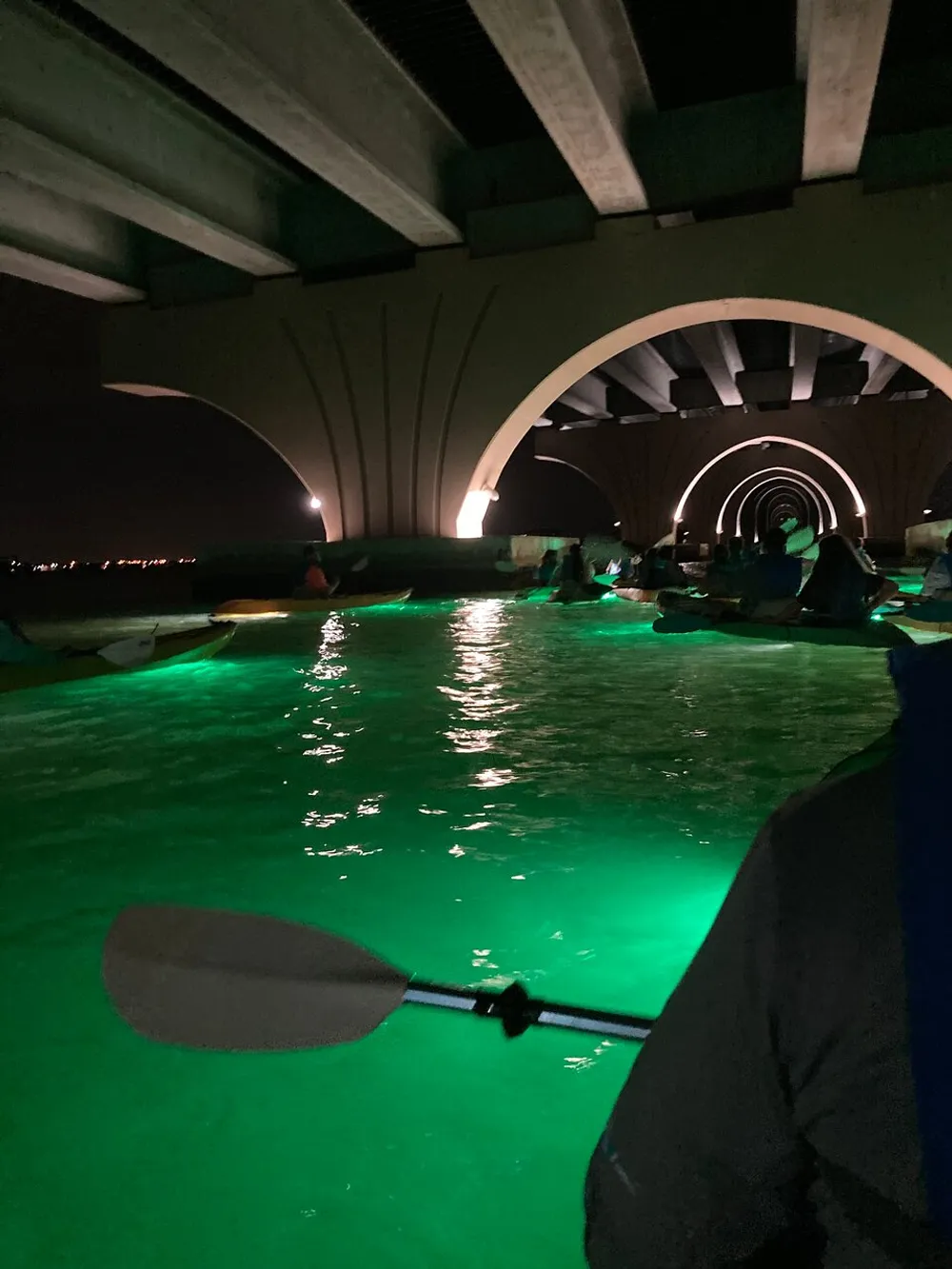 This image depicts a group of kayakers paddling under a bridge at night illuminated by green lights reflected on the water