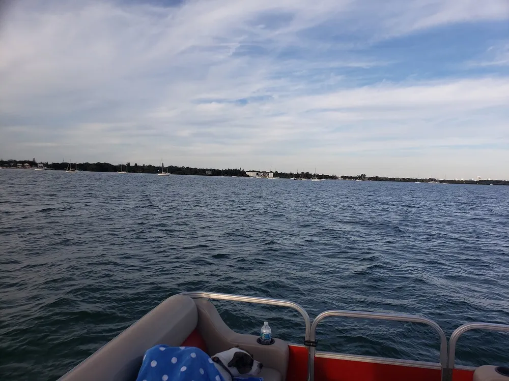 The photo captures a calm expansive blue sea from the perspective of a boat with a clear sky above and a distant shoreline dotted with greenery and buildings