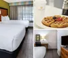 This is a well-lit tidy hotel room featuring a large bed with white bedding a teal armchair a work desk and contemporary decor