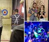 A group of cheerful people wearing matching Axe Throwing Tampa shirts pose with axes in front of a wooden target wall at an axe-throwing venue