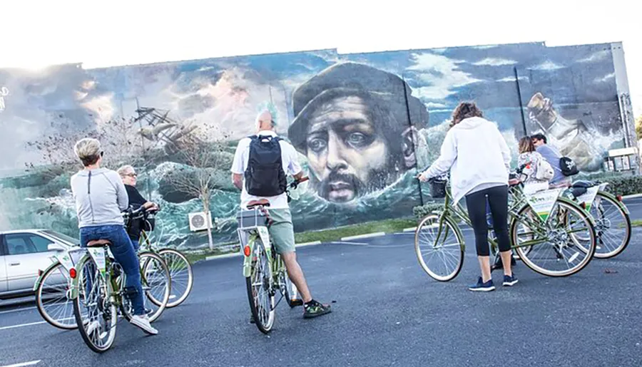 A group of cyclists is admiring a large mural depicting an intense and emotional scene, painted on an urban building's wall.
