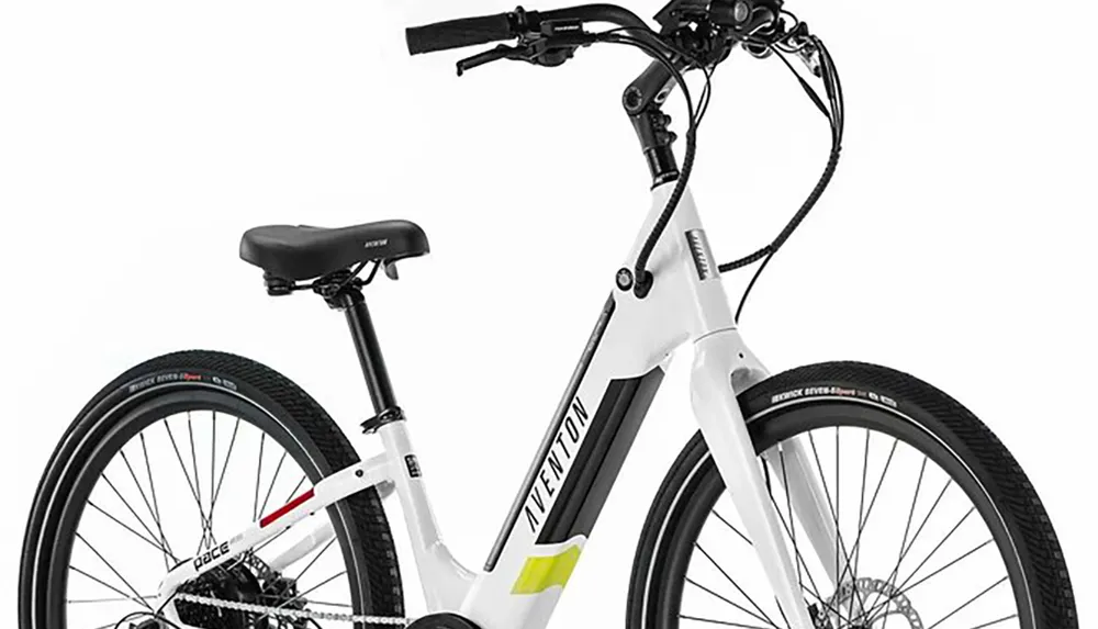 The image shows a modern white electric bicycle against a white background featuring a sleek frame design black accents and prominent branding