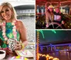 A group of people enjoys a gathering on a floating tiki bar boat at sunset