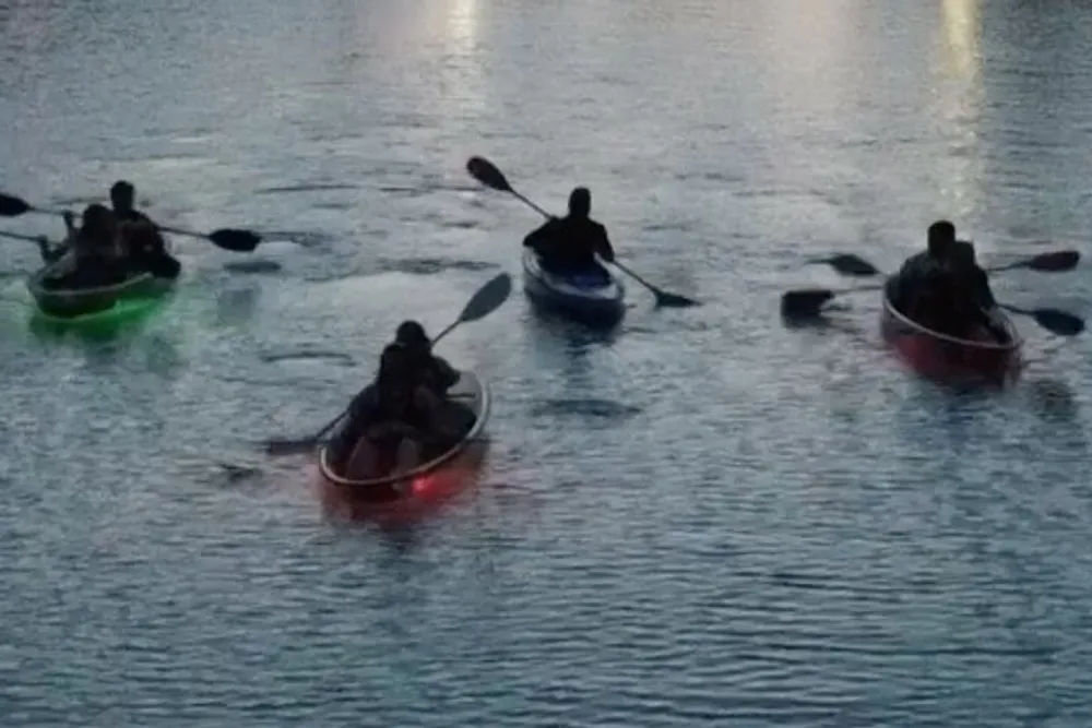 A group of individuals are kayaking on a body of water with their silhouettes visible against the reflective surface during dusk or dawn