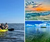 Five individuals are enjoying a sunny day out on the water in a tandem kayak with a coastline visible in the distance