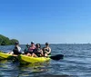 Five individuals are enjoying a sunny day out on the water in a tandem kayak with a coastline visible in the distance
