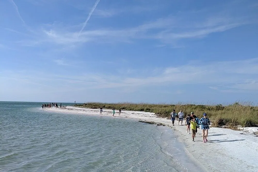 People are enjoying a sunny day on a peaceful beach with clear waters and a blue sky