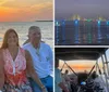 Four smiling individuals are enjoying a boat ride at sunset