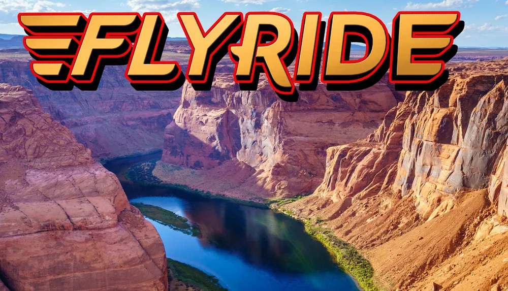 The image showcases a bold FLYRIDE text overlaying a scenic landscape featuring a meandering river through a canyon