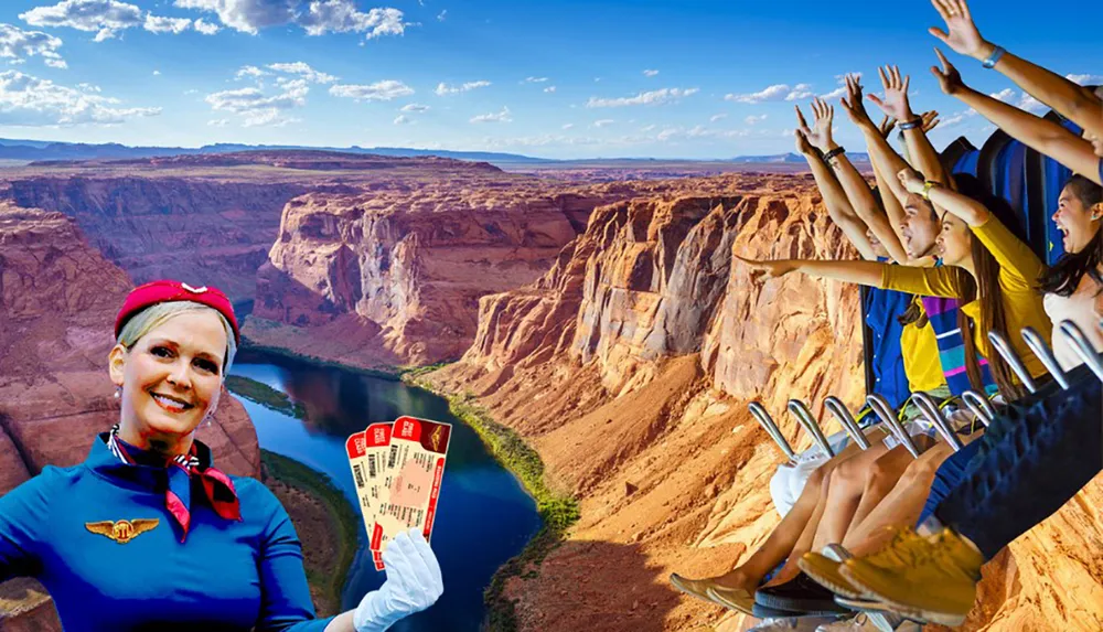 The image is a surreal montage with a flight attendant holding tickets in the foreground a group of people on a roller coaster with raised arms and a scenic background of a river canyon