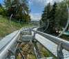 A person is enjoying a ride on an alpine coaster amidst green surroundings on a sunny day