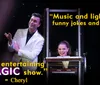 A magician gestures towards his assistant whose body appears to be magically severed at the waist by an illusion box on stage