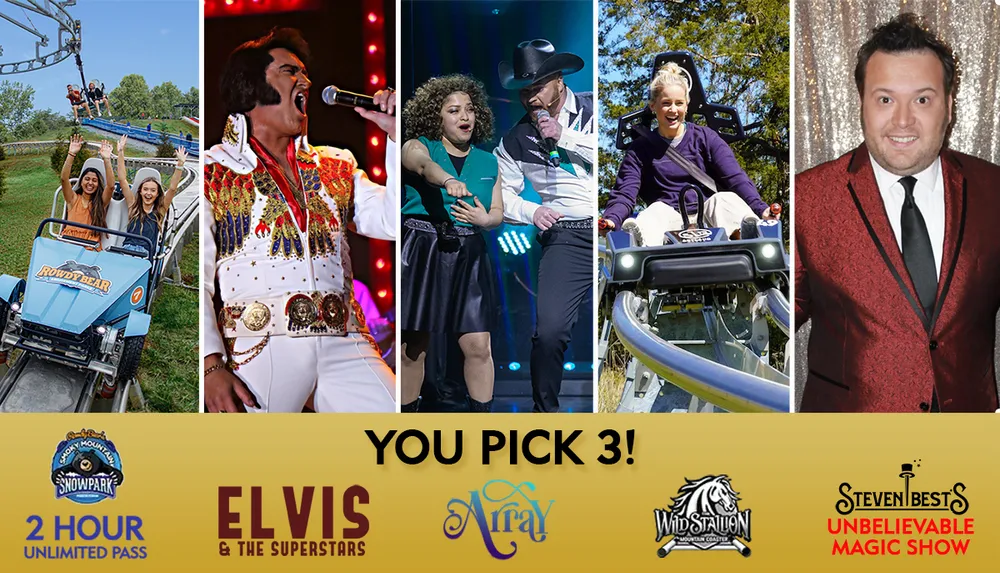 The image is a promotional collage offering a choice of three entertainment options featuring a mountain coaster ride an Elvis tribute show a country music duet an alpine snow park and a magic show