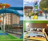 A colorful outdoor water slide complex snakes its way through the frame with a hotel in the background