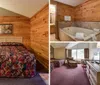 The image shows a cozy bedroom with wood-paneled walls a colorful quilt on the bed plaid upholstered furnishings and framed artwork creating a rustic ambiance