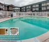 The image is a collage showcasing various rooms and amenities of a hotel including a wood-paneled bedroom a bathroom with a whirlpool tub another angle of a bedroom and an outdoor swimming pool area
