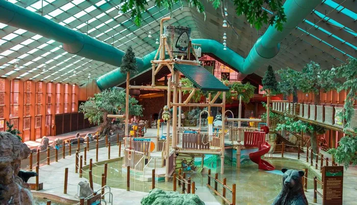 The image shows an indoor water park with a playful forest-themed setting including water slides a treehouse structure artificial greenery and a bear sculpture all under an expansive glass roof