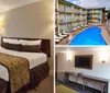 This image shows a neatly arranged hotel room with a patterned bedspread a wooden headboard a small seating area with a table and a framed picture on the wall