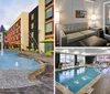 The image showcases an outdoor water play area with a colorful splash pad and seating arrangements situated next to a modern multi-story hotel building