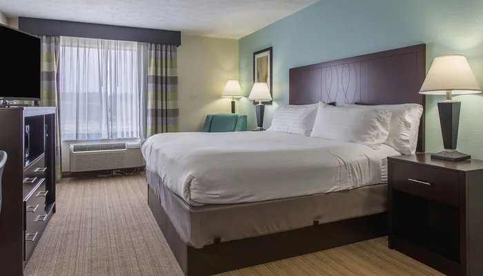 The image shows a neatly arranged hotel room with a large bed nightstands lamps and a television