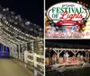 A joyful couple is enjoying a festive night out surrounded by sparkly lights while the woman points at something interesting outside the frame