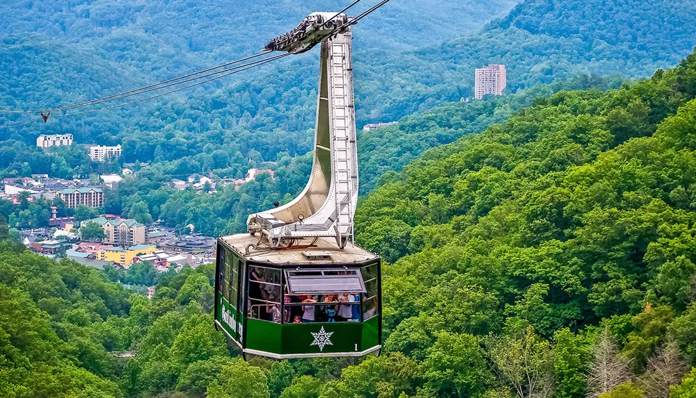 A green cable car is descending over a lush forest with a view of a town nestled among the trees in the background