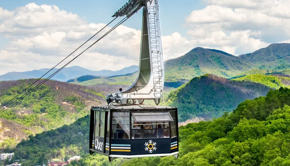A cable car glides above a lush green forest with picturesque mountains in the background under a partly cloudy sky