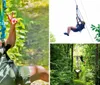 A person is joyfully zip-lining through a forest wearing a helmet and a harness for safety