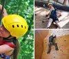 A young person wearing a yellow helmet is focused while climbing a wooden wall with green handholds