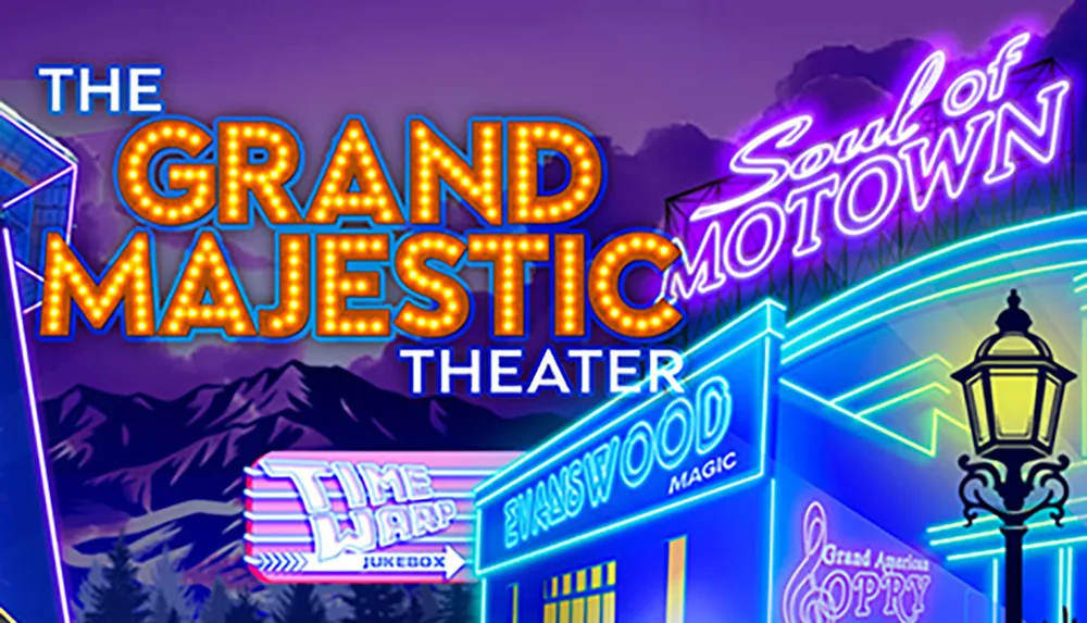 The image shows a vibrant and colorful graphic with neon-style signs advertising The Grand Majestic Theater featuring shows like Soul of Motown Hit Parade Time Warp and Magic Spectacular