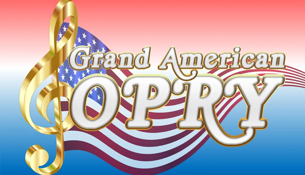 The image features a colorful graphic with the text Grand American Opry over a stylized American flag with a golden treble clef symbol suggesting a musical theme associated with American patriotism