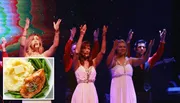 The image shows a group of performers in white outfits on stage with arms raised, alongside an inset of a plate with mashed potatoes, gravy, green beans, and a meat dish.