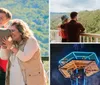 A man and a woman are with a young child who is using a viewing telescope on a balcony overlooking a lush green mountainous landscape with buildings nestled among the trees