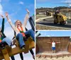 Thrilled amusement park guests are raising their hands high while enjoying the exciting motion of a ride against a blue sky