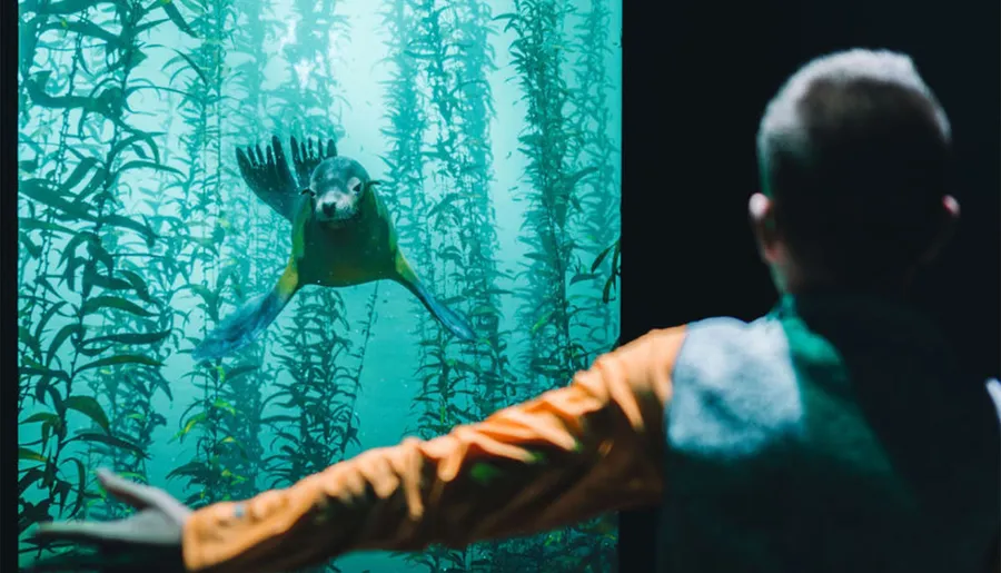 A child watches intently as a sea lion swims gracefully past, pressing a flipper against the glass of a large aquarium tank.