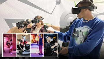People are immersed in various virtual reality experiences, indicated by the VR headsets they are wearing.