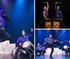 A dancer in a vibrant purple and black outfit is performing a high leap on stage flanked by two drummers
