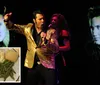 A performer in a gold jacket sings on stage with background images while an inset shows a plate of mashed potatoes green beans and a meat dish with gravy