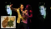 A performer in a gold jacket sings on stage with background images, while an inset shows a plate of mashed potatoes, green beans, and a meat dish with gravy.